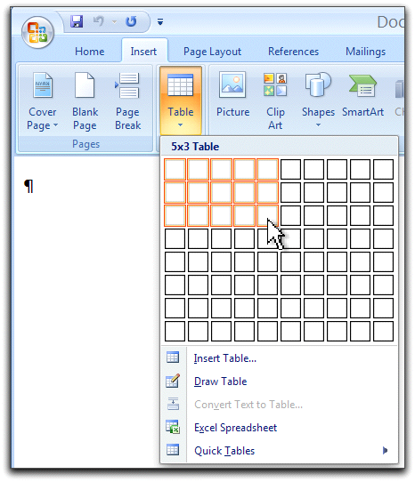 Inserting Word 2007 tables from the ribbon